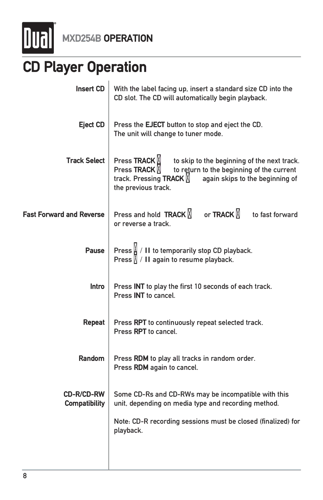 Dual MXD254B owner manual CD Player Operation, Compatibility 